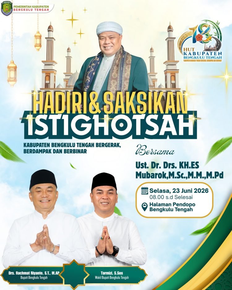 Kehadiran KH ES Mubarok asal Jawa Barat menjadi kado spiritual bagi masyarakat dalam peringatan HUT ke-18 Kabupaten Bengkulu Tengah melalui Istighotsah Akbar di Pendopo Bukit Kandis.